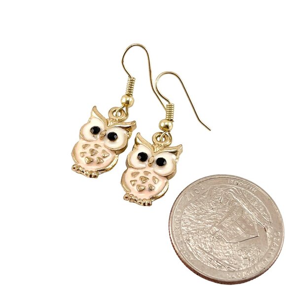 Adorable Owl Dangle Earrings With Pink & White Enamel Accents Gold-Tone Hooks Li - Picture 3 of 6